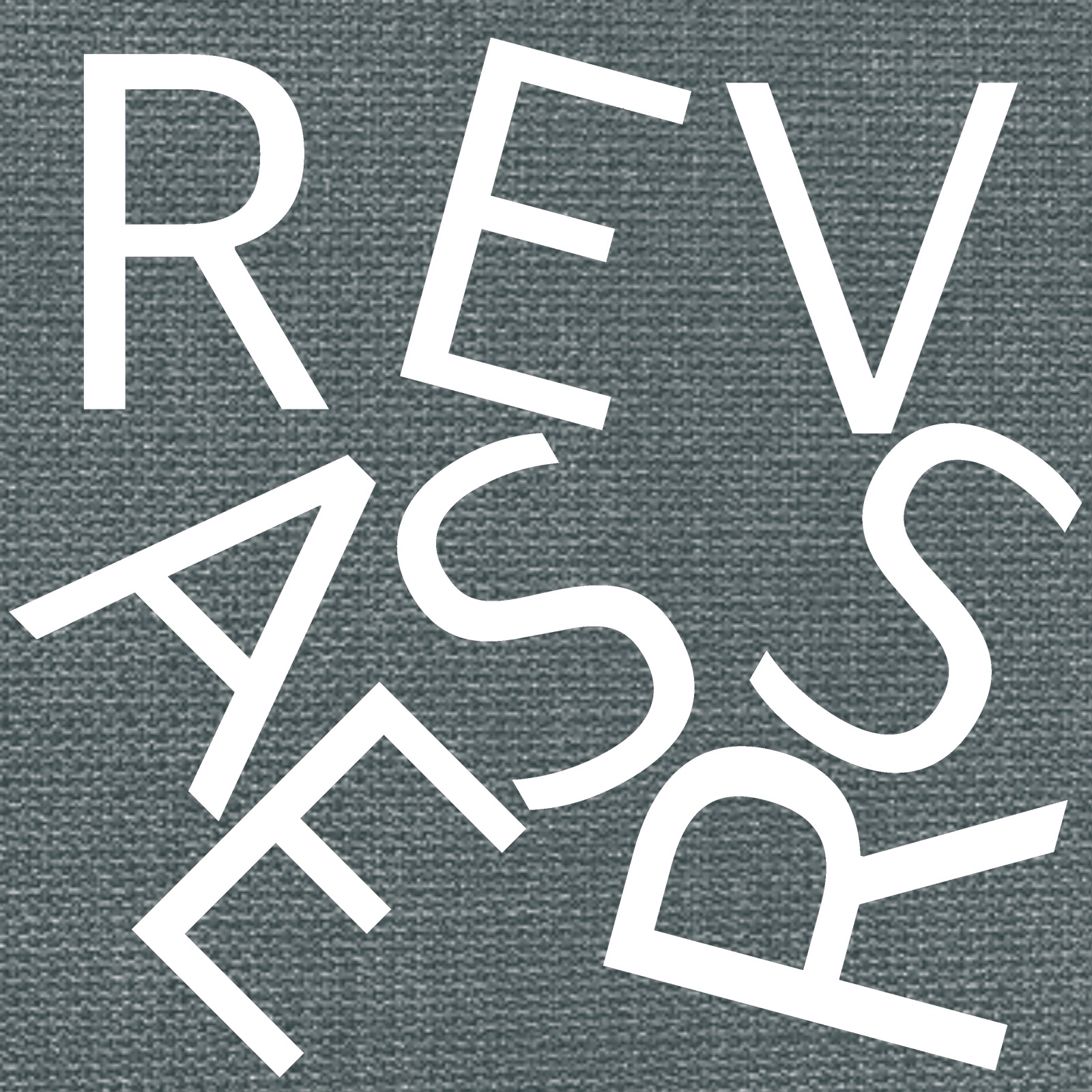 HP-3 · scatter-text REVASSER letters hand-painted on gray cotton, 2023